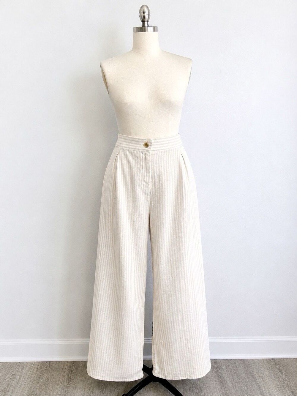 NWT Michael Kors High Rise Wide Leg Linen Blend Stripe Pants Women’s 14 Beige
